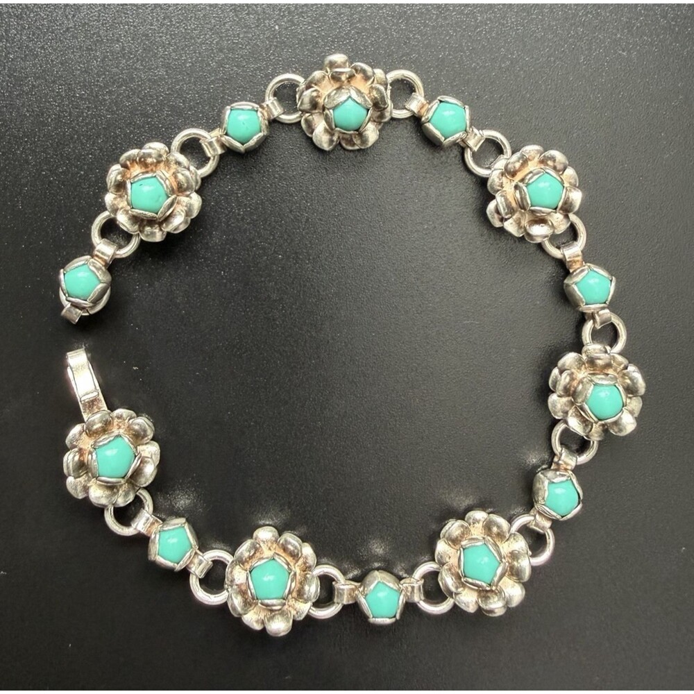 VINTAGE 50s TAXCO MEXICO STERLING SILVER TURQUOISE BLOSSOM FLOWER BRACELET 6.5” - Picture 3 of 16